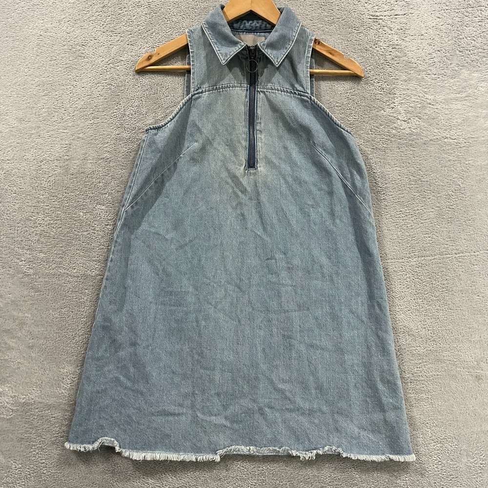 Vero Moda Mini Dress Womens S Blue Denim Sleeveless Collared Raw Hem Zip Front